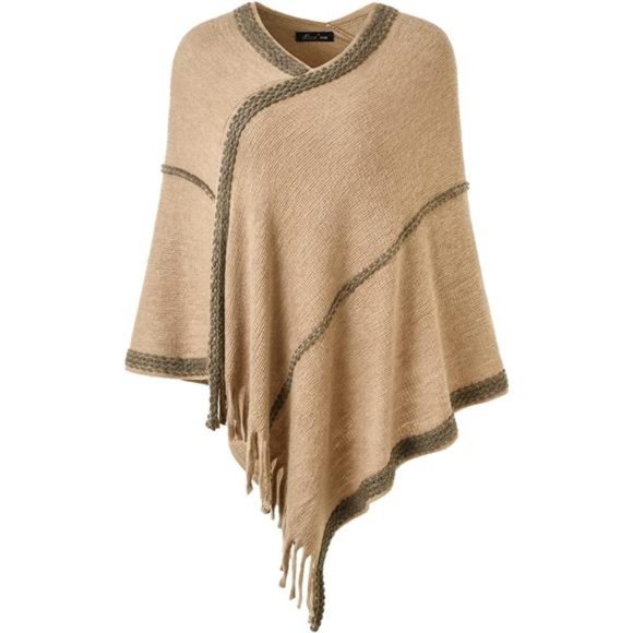 Khaki Poncho Sweater Cover Up Wrap Shawl Trendy Soft Knit Fall Fringe Womens Top - Picture 1 of 6